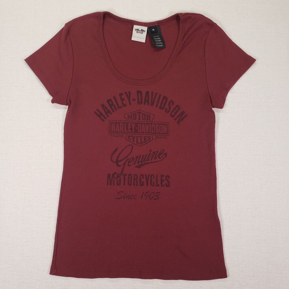 Harley-Davidson Womens XL Babydoll T Shirt Burgundy Made in USA Graphic Tee